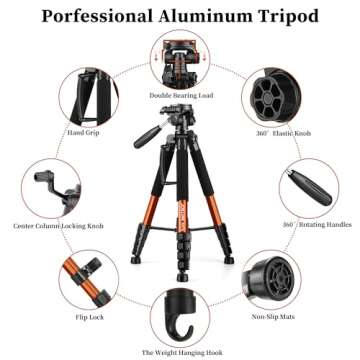 JOILCAN Tripod Camera Tripods, 74" Tripod for Camera Cell Phone Video Photography, Heavy Duty Tall Camera Tripod Stand, Professional Travel DSLR Tripods Compatible with Canon iPhone, Max Load 15 LB