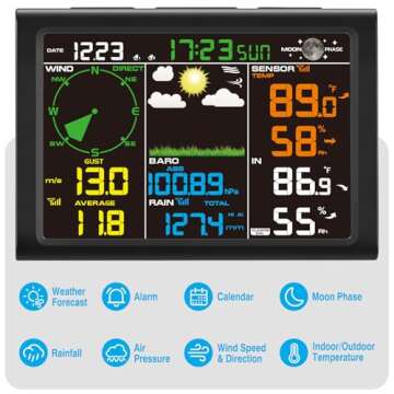 Sainlogic Wireless Weather Station with Outdoor Sensor, 8-in-1 Weather Station with Weather Forecast, Temperature, Air Pressure, Humidity, Wind Gauge, Rain Gauge, Moon Phrase, Alarm Clock (No WiFi)