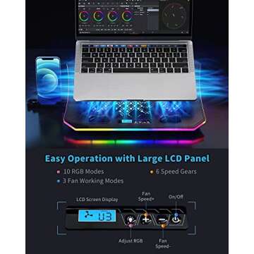 KeiBn Upgarde Laptop Cooling Pad, RGB Lights Laptop Cooler 6 Fans for 15.6-17.3 Inch Laptops, 7 Height Stands, 10 Modes Light, 2 USB Ports, Desk or Lap Use (A8,Blue)