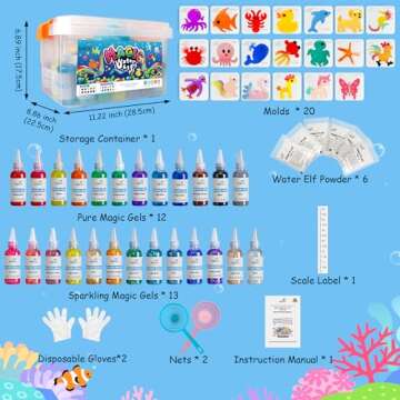 Kiditos Magic Water Elf Toy Kit, Aqua Fairy Water Gel Kit with 25 Magic Gels, 20 Animal Molds. Christmas Gifts, Birthday Gifts, Party Favors, Arts & Crafts DIY STEM Kits for Kids(25 Colors)