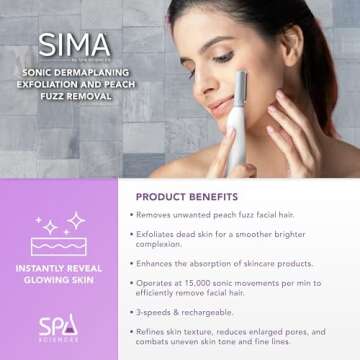 SPA SCIENCES - SIMA Dermaplaning Tool - Patented Painless 2 in 1 Facial Exfoliation & Peach Fuzz-Hair Removal System w/ 7 Weeks Treatment Included - Anti-Aging – 3 Speeds - Rechargeable