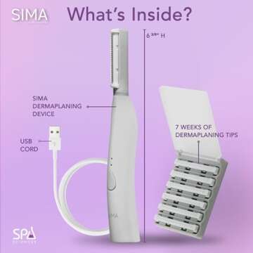 SPA SCIENCES - SIMA Dermaplaning Tool - Patented Painless 2 in 1 Facial Exfoliation & Peach Fuzz-Hair Removal System w/ 7 Weeks Treatment Included - Anti-Aging – 3 Speeds - Rechargeable