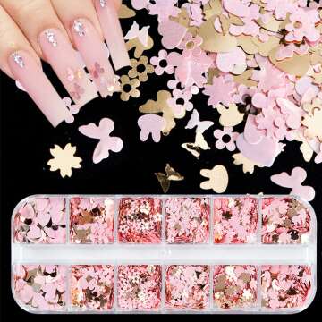 12 Grids Gold Pink Nail Glitter Sequins 3D Cherry Blossoms Butterfly Nail Glitter Flakes Rabbit Love Heart Nail Sequins Supplies Sparky Cute Nail Art Decorations for Women Nail Charms Accessories