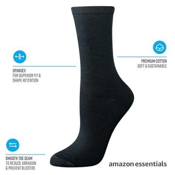 Amazon Essentials Women's Casual Crew Socks, 6 Pairs, Black, 6-9