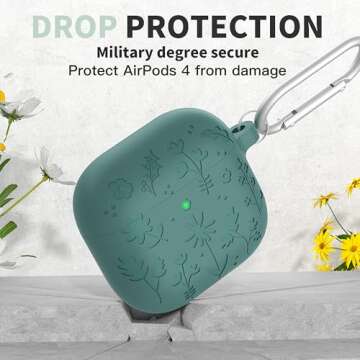 DamonLight Flora Engraved Case for AirPods 4 Cover Shock-Proof Protective Silicone Case with Keychain for Apple Airpods 4th Generation 2024 Released (Forest Green)