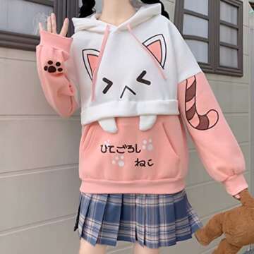 Cute Kawaii Cat Graphic Hoodie for Girls