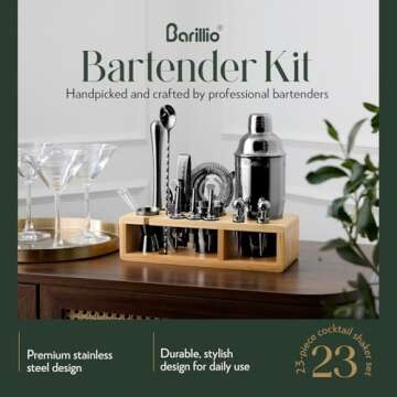 Barillio Black Bartender Kit - Stainless-Steel Cocktail Shaker Set w/Bamboo Stand - Mixology Bar Tools w/Drink Shaker, Mixer Spoon & Muddler for Cocktails - Home Bar Accessories - 23-Pc Bar Set