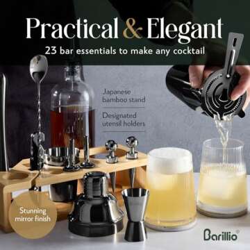 Barillio Black Bartender Kit - Stainless-Steel Cocktail Shaker Set w/Bamboo Stand - Mixology Bar Tools w/Drink Shaker, Mixer Spoon & Muddler for Cocktails - Home Bar Accessories - 23-Pc Bar Set