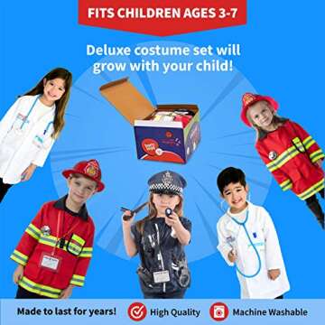 Born Toys Premium 16pcs Costume Dress up Set for Kids Ages 3-7 Fireman,Police Costume, and Doctor All Sets are Washable and Have Accessories