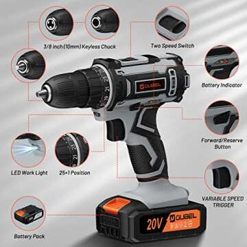 Drill Set, OUBEL 20V Cordless Drill with Battery and Charger, Home Electric Power Drill Cordless, 3/8-Inch Keyless Chuck, 2 Variable Speed, 25+1 Position, LED Light and 42pcs Accessories