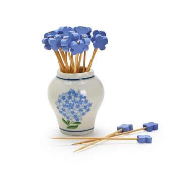 Hydrangea Ginger Jar & Bamboo Cocktail Picks Set - Elegant Ceramic Decor Piece with 20 Eco-Friendly Picks for Entertaining, Blue