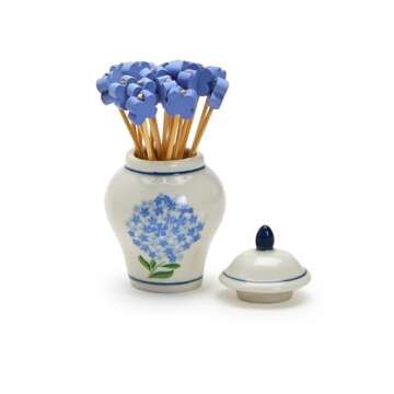 Hydrangea Ginger Jar & Bamboo Cocktail Picks Set - Elegant Ceramic Decor Piece with 20 Eco-Friendly Picks for Entertaining, Blue