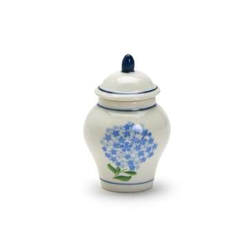 Hydrangea Ginger Jar & Bamboo Cocktail Picks Set - Elegant Ceramic Decor Piece with 20 Eco-Friendly Picks for Entertaining, Blue