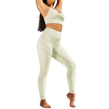 Women 2 PCS Workout Set Seamless Super Soft Deep V Neck Sports Bra+High Waist Leggings Set Yoga Outfits Fitness Clothing Gym Clothes Activewear Runing Sweatsuit Jogging Sweatpants Green Floral M