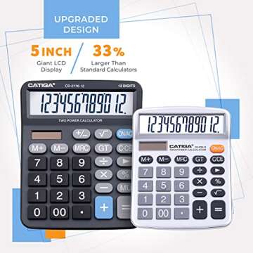 Premium Commercial 12-Digit Large Desktop Calculator with Huge 5-Inch LCD Display Screen, Giant Responsive Buttons, Battery and Solar Powered, Perfect for Home/Office Accounting Finance Use, CD-2776