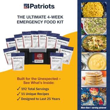 4Patriots: 4-Week Emergency Food Supply Survival Kit, Perfect for Camping, Freeze Dried Preparedness Food, Designed to Last 25 Years, Be Ready with 192 Servings of Delicious Breakfast, Lunch, & Dinner