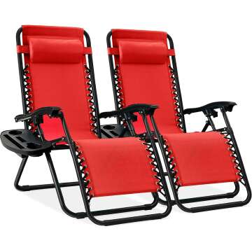Best Choice Products Set of 2 Adjustable Steel Mesh Zero Gravity Lounge Chair Recliners w/Pillows and Cup Holder Trays, Crimson Red
