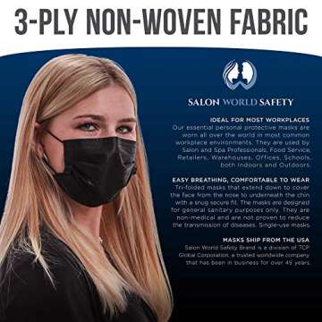 TCP Global Salon World Safety - Black Face Masks 3 Boxes (150 Masks) Breathable Disposable 3-Ply Protective PPE with Nose Clip and Ear Loops