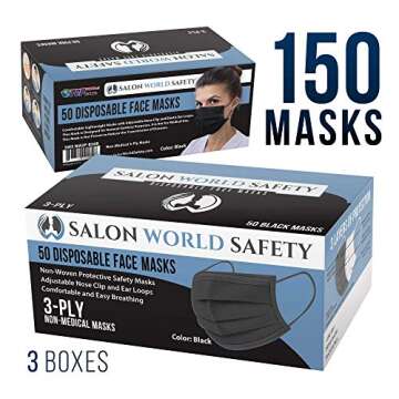 TCP Global Salon World Safety - Black Face Masks 3 Boxes (150 Masks) Breathable Disposable 3-Ply Protective PPE with Nose Clip and Ear Loops