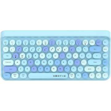 UBOTIE Portable Bluetooth Colorful Computer Keyboards, Wireless Mini Compact Retro Typewriter Flexible 84Keys Design Keyboard (Blue-Colorful)