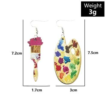 Bohemian Vintage Big Wooden Artist Double-sided Printing Paint Brush Dangle Drop Earrings Paint Palette Charm Earrings Colorful Painter Jewelry for Women Artist Gift Art Teacher Gifts (Colorful Palette)