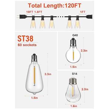 GPATIO 120FT Outdoor String Lights, Waterproof Patio Lights with 64 Hanging Lights ST38 Bulbs, 2700k Shatterproof for Backyard Gazebo Porch Garden Outside Decor