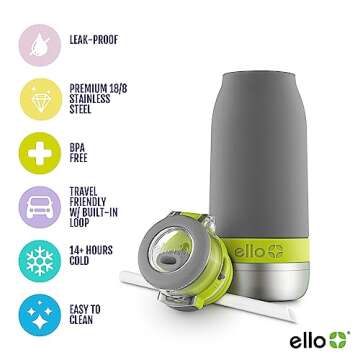 Ello Emma 14oz Vacuum Insulated Stainless Steel Kids Water Bottle with Straw and Built-in Carrying Handle and Leak-Proof Locking Lid for School Backpack, Lunchbox and Outdoor Sports, Gray