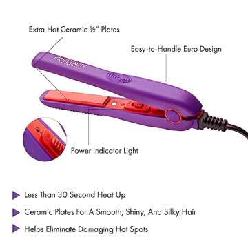 Hot Beauty Professional Ceramic Mini Flat Iron 1/2", Anti-Frizz, Fast Heating, Versatile Styling for Curly & Straight Hair, Ideal for Traveling with Travel Pouch (Violet)