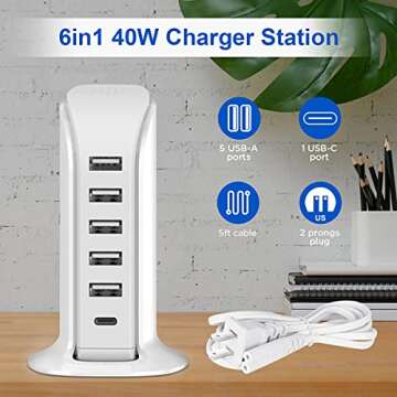 Charging Station for Multiple Devices 40W Upoy, Wall Charger Block 5 USB Ports(Shared 6A), USB Charging Hub Smart IC, Charger Tower with Type-C 3A for iPhone iPad Tablets Smartphones, Home Office Use