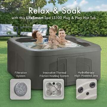 LifeSmart 4-Person Hot Tub, Outdoor Spa w/ Cover and LED Lights, Square, Taupe