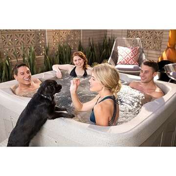 LifeSmart 4-Person Hot Tub, Outdoor Spa w/ Cover and LED Lights, Square, Taupe