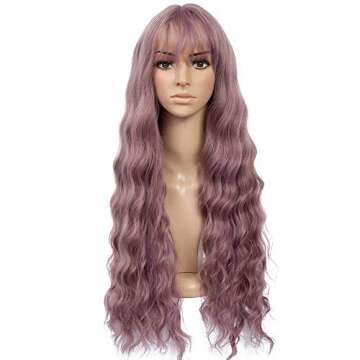 HUA MIAN LI Long Wavy Wig With Air Bangs Silky Full Heat Resistant Synthetic Wig for Women - Natural Looking Machine Made Grey Pink 26 inch Hair Replacement Wig for Party Cosplay Body Wavy (Pink)