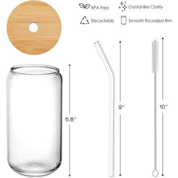 ELLEME Drinking Glasses with Bamboo Lids and Glass Straw [4pcs Set - 16oz] Beer Glasses, Iced Coffee Glasses, Cute Tumbler Cup, Ideal for Cocktails and Smoothies - 1 Cleaning Brush