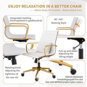 LUXMOD Ergonomic Computer Chair – Ultimate Comfort for Long Hours – Adjustable Swivel White and Gold Desk Chair – Ideal for Home Office – Stylish Gold Office Chair