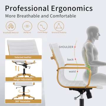 LUXMOD Ergonomic Computer Chair – Ultimate Comfort for Long Hours – Adjustable Swivel White and Gold Desk Chair – Ideal for Home Office – Stylish Gold Office Chair