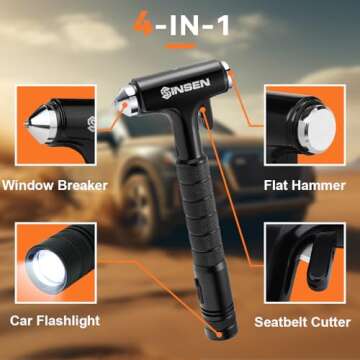 SINSEN Automotive Escape Tool, Window Breaker Seatbelt Cutter, Car Flashlight Safety Hammer, Emergency Kit Self Defense Accessories, Multifunction 4-in-1 Auto Tactical Gear, Rechargeable Powered Led