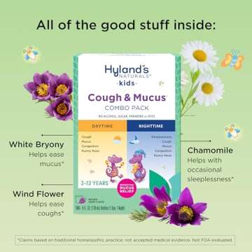 Hyland's Kids Cough Syrup & Mucus Relief Daytime & Nighttime Combo Pack, Kids Cough Medicine for Ages 2-12, Grape Flavor, Natural Sleep Aid, Cough, Runny Nose, Mucus & Congestion, 8 Ounces