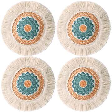 Boho Macrame Coasters Set of 4,Cotton Woven Farmhouse Coaster for Drinks,Washable Round Colorful Bohemian Farmhouse Mugs and Cups Pads,for Wine Glass Blue Coasters with Tassels As Housewarming Gift