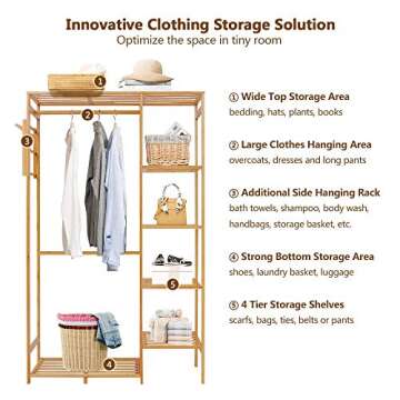 Ufine Bamboo Garment Rack 6 Tier Storage Shelves Clothes Hanging Rack with Side Hooks, Heavy Duty Clothing Rack Portable Wardrobe Closet Organizer