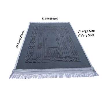 Prayer Rug Muslim Mat Islamic - Thick Large Grey Padded Sajadah for Kids Men Women with Islam Prayer Beads for Eid Travel Ramadan, Soft Luxury Great for Knees and Forehead