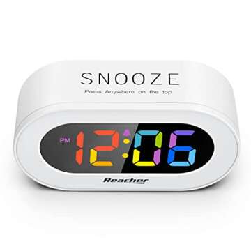 REACHER Small Colorful LED Digital Alarm Clock with Snooze, Simple to Operate