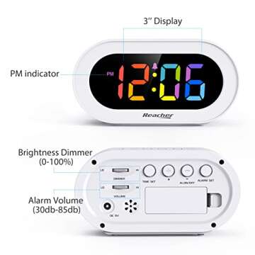 REACHER Small Colorful LED Digital Alarm Clock with Snooze, Simple to Operate