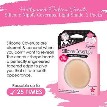 Hollywood Fashion Secrets Silicone Coverups, Hypoallergenic, Reusable, Washable, Gentle on Skin, Ultra Thin, Self Adhesive, Light Shade, 2 Packs