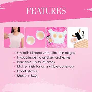 Hollywood Fashion Secrets Silicone Coverups, Hypoallergenic, Reusable, Washable, Gentle on Skin, Ultra Thin, Self Adhesive, Light Shade, 2 Packs