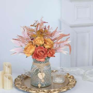 VIERENA Faux Flowers with Vase,Artificial Silk Roses in Vase, Fake Plant Eucalyptus Flower Arrangement for Fall Decorations Indoor Home Office Farmhouse Table Centerpiece Coffee Table Decor (Orange)