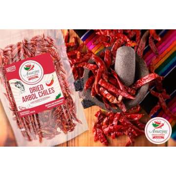 Chile De Arbol 4oz - Dried Whole Red Chili Peppers, Premium All Natural Stemless, Resealable Bag. Use in Mexican, Chinese and Thai Dishes. Spicy Hot Heat Full of Flavor