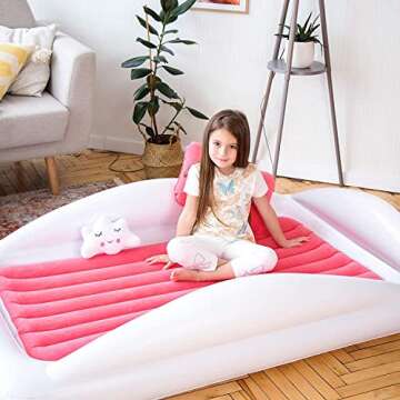 Sleepah Inflatable Toddler Travel Bed Portable Kids Air Mattress Set w Safety Rail Guards for Kids & Toddlers – Includes Pump, Carry Case, Pillow & More - Perfect Transitional Cot Coral