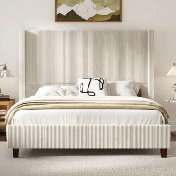 HOWE King Size 61" Corduroy Upholstered Bed Frame, Platform Bed with Vertical Stripe Wingback Headboard, No Box Spring Needed/Noise Free/Solid Wood Slats/Cream