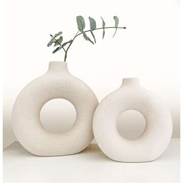 Chelity Ceramic Hollow Donut Vase Set of 2, Off White Vases for Decor Nordic Minimalism Style Decor for Wedding Dinner Table Party Living Room Office Bedroom (L9”*W8” Bottle Mouth 1 inch)