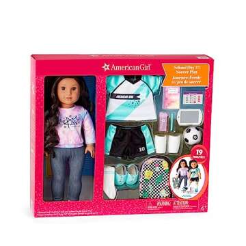 American Girl Truly Me 18-inch Doll 82 & School Day to Soccer Play Playset with Supplies, Uniform, and Ball, For Ages 6+